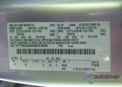 2022 Ford F-250 Lariat from USA, damaged, VIN 1FT7W2A68NED53009